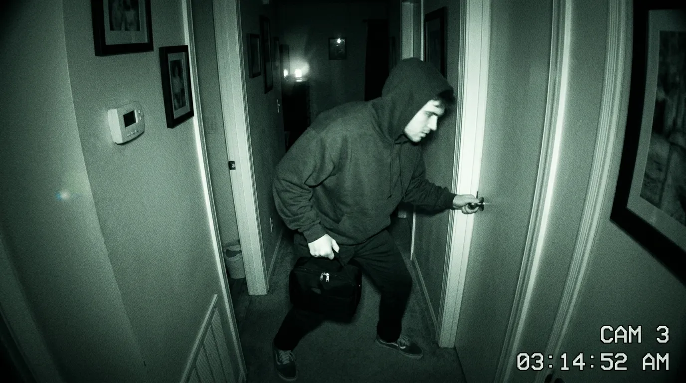 Hidden camera footage showing a young man with a black bag outside a bedroom at 3 AM