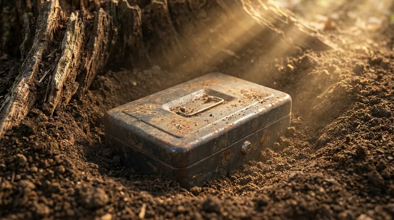 Rusted gray cash box sitting in a dirt hole near an old tree stump