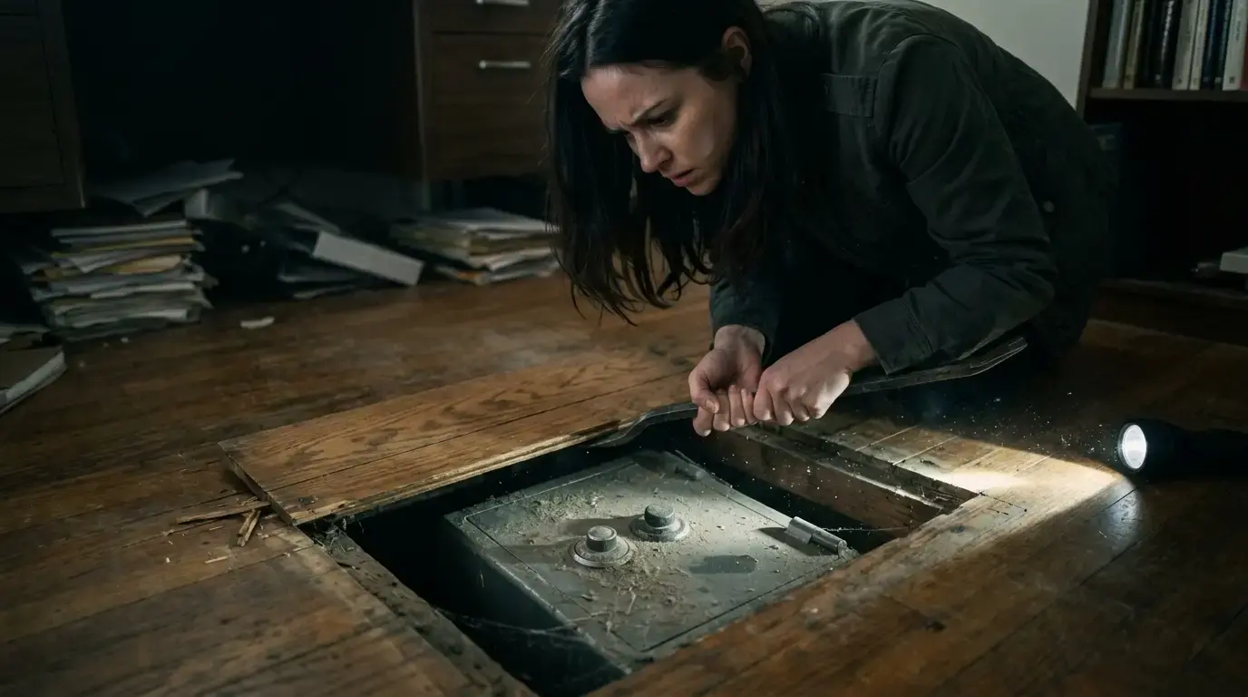 A young woman lifting a loose oak floorboard to reveal a dusty metal safe