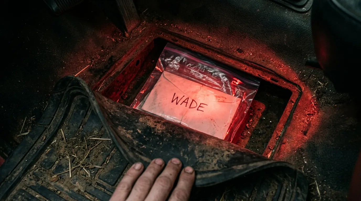 A hidden compartment beneath the floor mat of an old farm truck containing a white envelope.