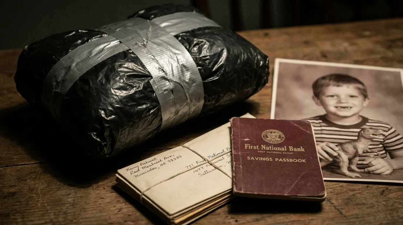 A dark plastic bundle wrapped in duct tape sitting next to a stack of letters and a photograph of a child