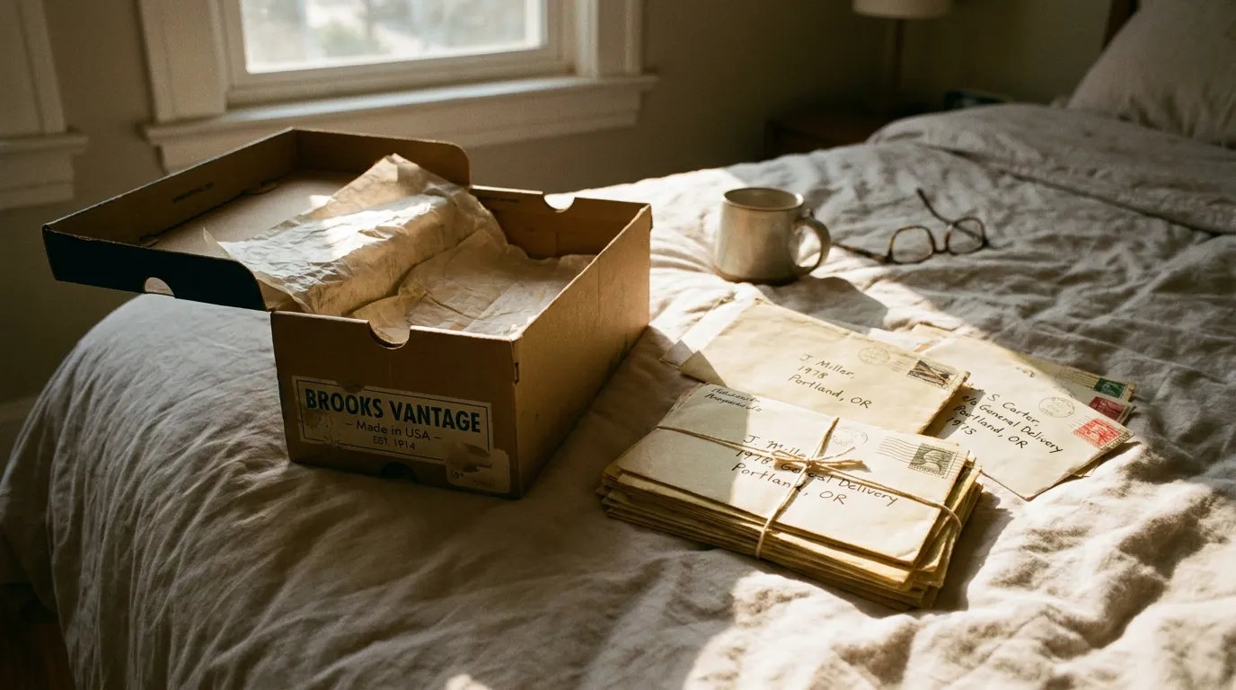An old shoebox filled with handwritten letters and envelopes scattered across a bed comforter