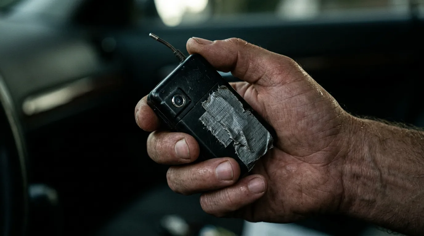 Close up of a small black recording device with a lens and wire held in a trembling hand
