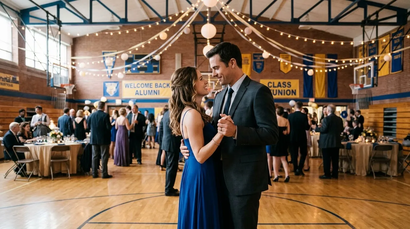 Man and woman dancing at a high school reunion