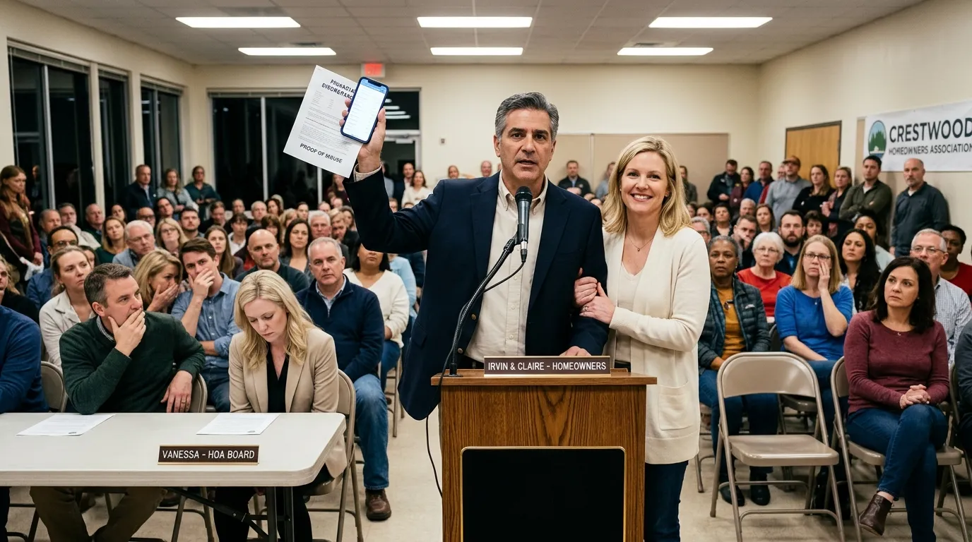 Husband and wife standing united at a community meeting while the neighbor looks defeated