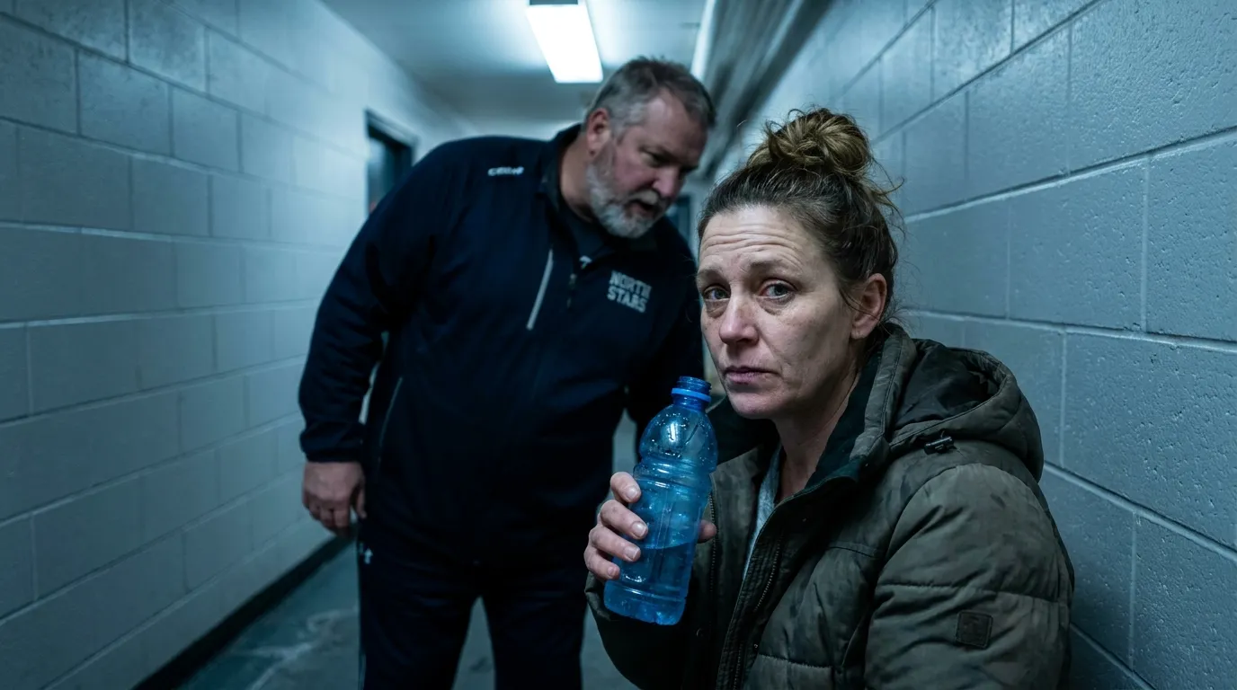 A concerned mother holding a blue water bottle while talking to a hockey coach in a rink hallway