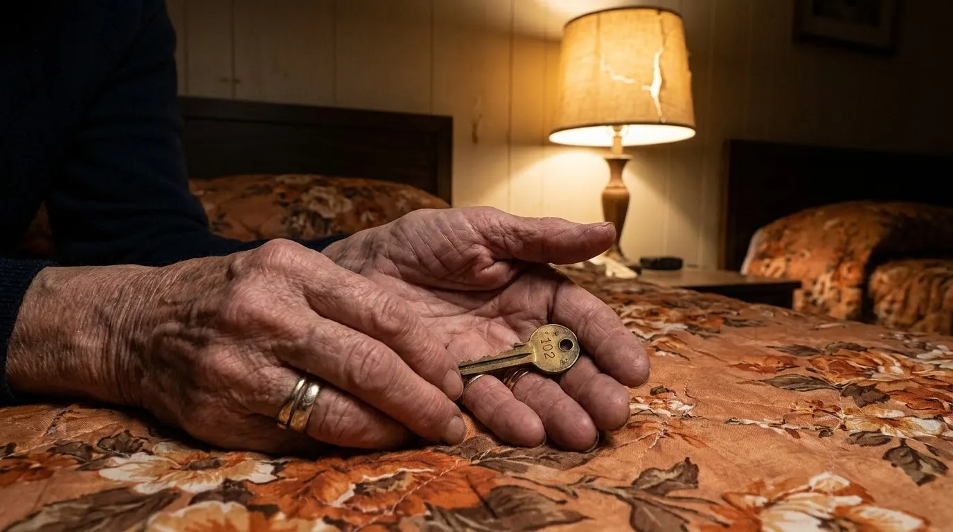 Elderly woman's hands holding a small brass key on a motel bed