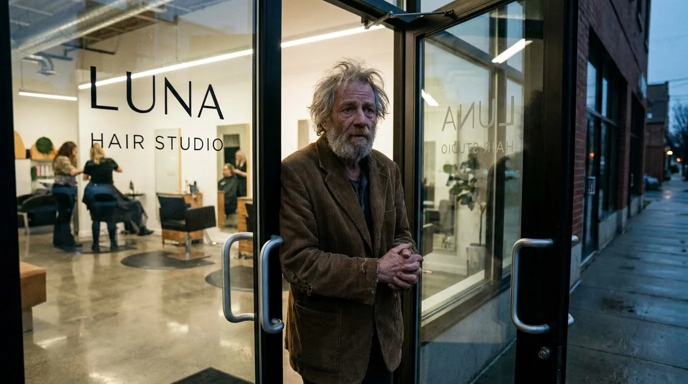 An older man in a worn corduroy jacket standing nervously in a bright hair salon