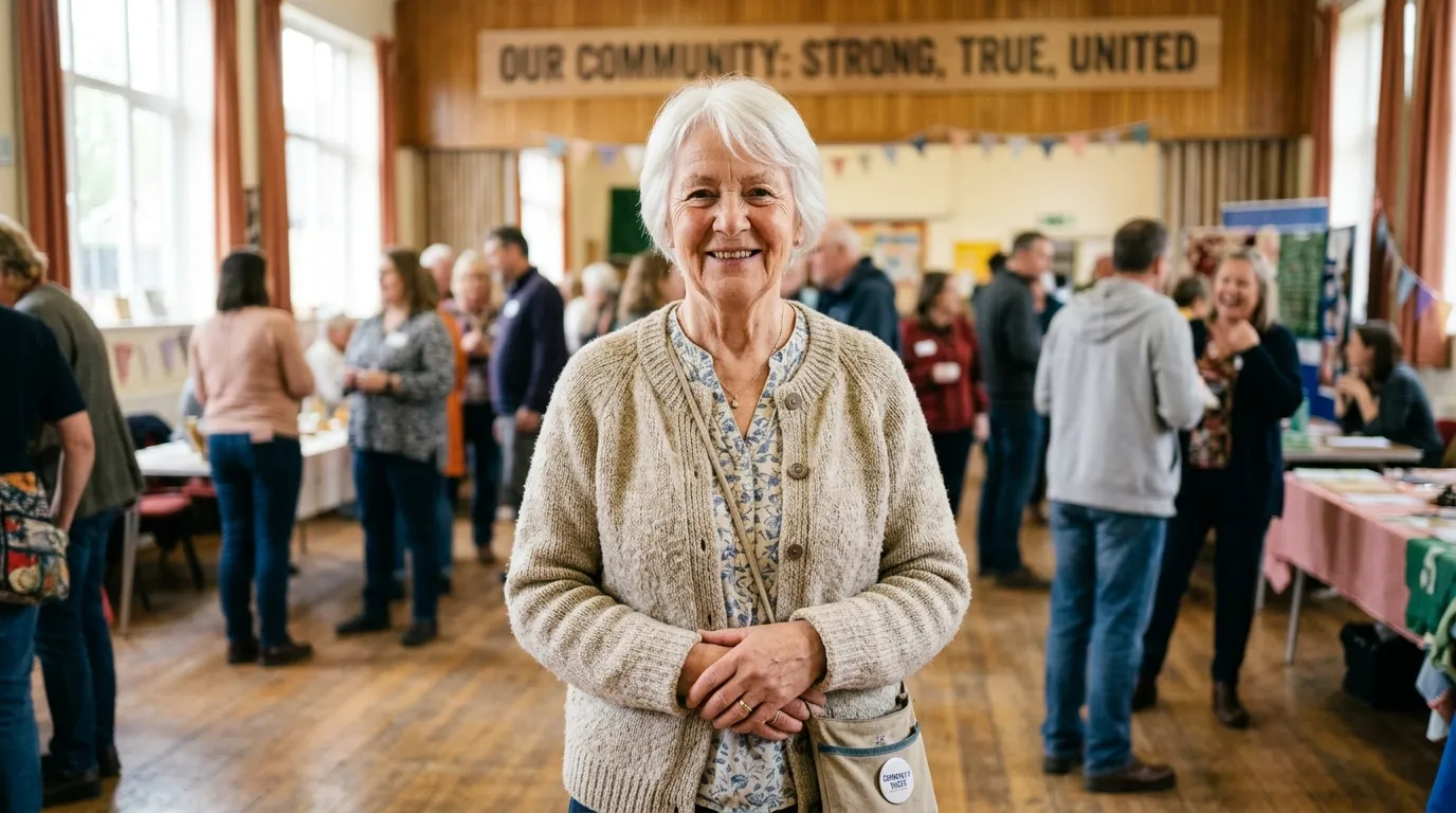 A kind, brave 71-year-old woman with short white hair standing up to speak