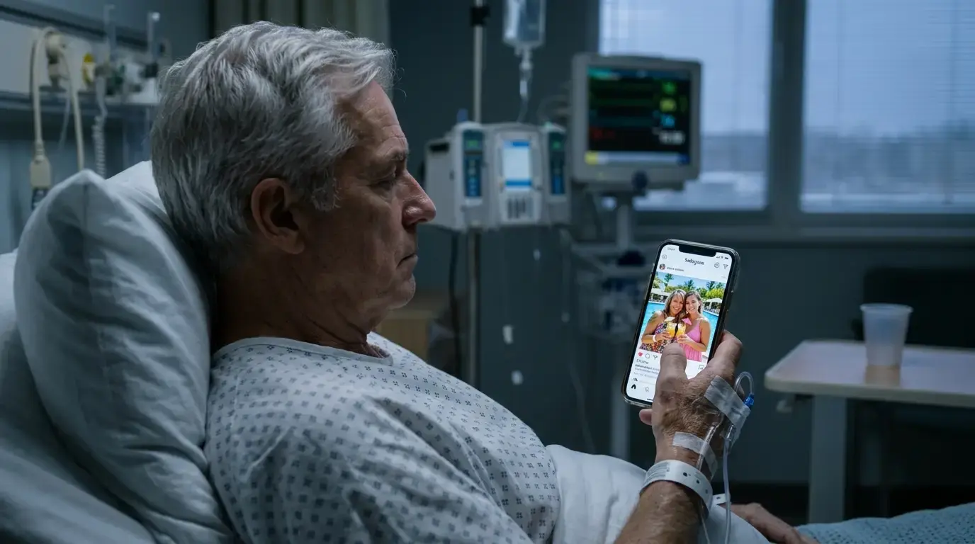 An elderly man in a hospital bed looking sadly at a smartphone showing a vacation photo of two women