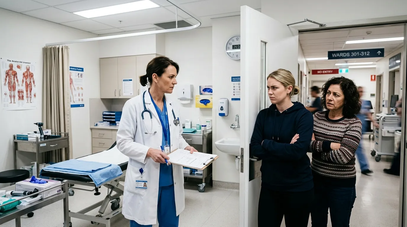 A stern doctor examining a patient while two defensive family members stand in the background.