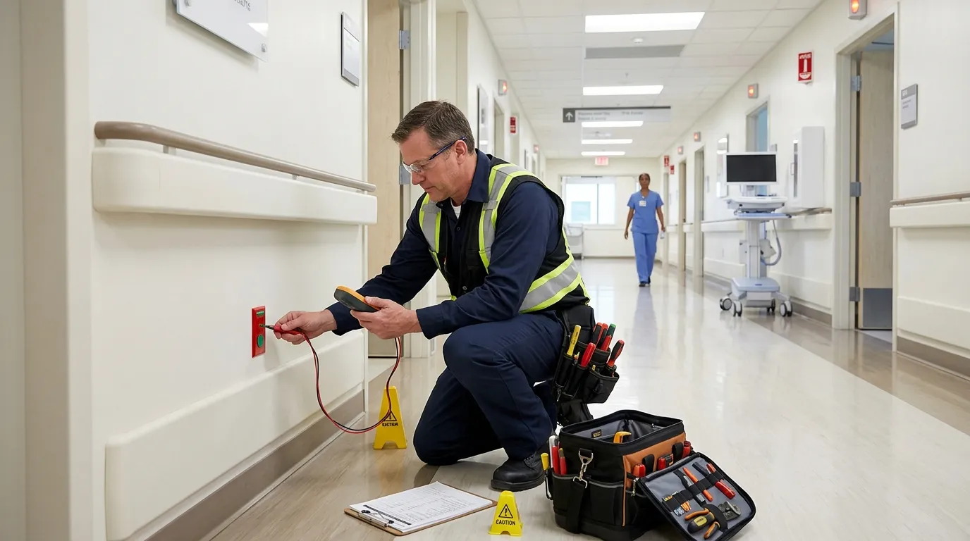Professional electrician inspecting an electrical outlet in a brightly lit hospital corridor
