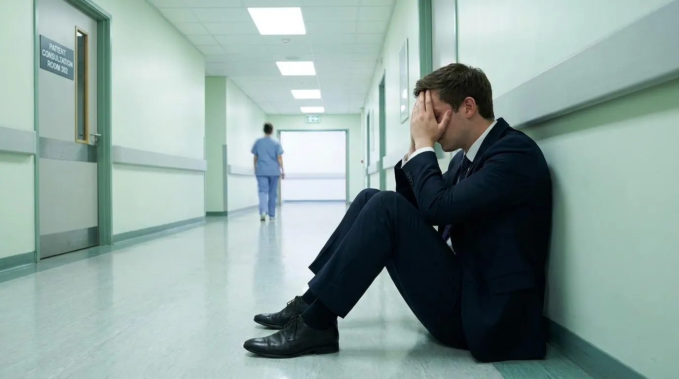 A person standing alone in a bright hospital hallway, overwhelmed by emotion.