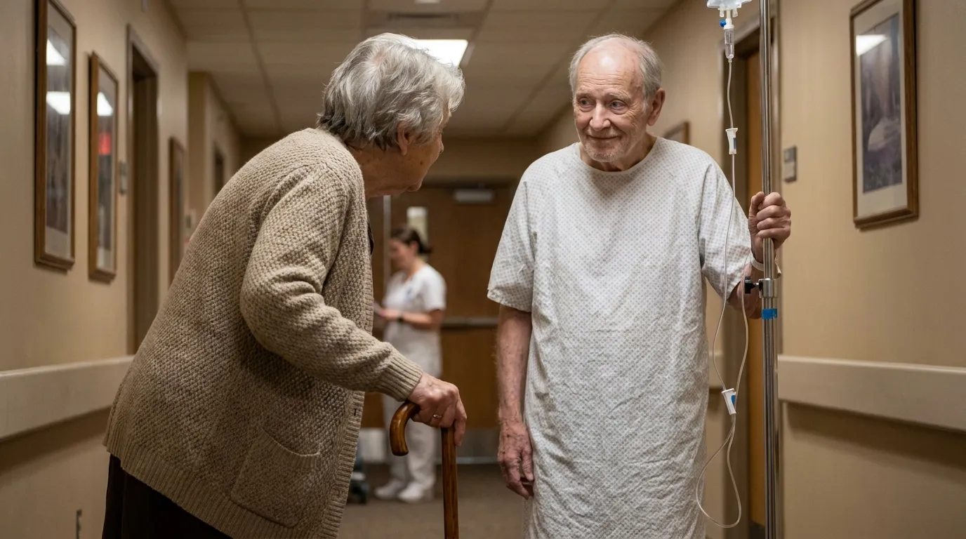 Elderly man and woman reuniting in a hospital hallway