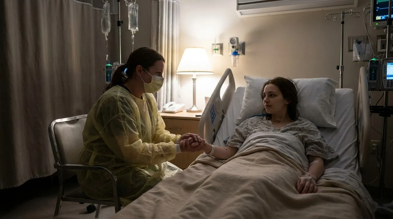 Woman in medical mask holding the hand of a sick patient