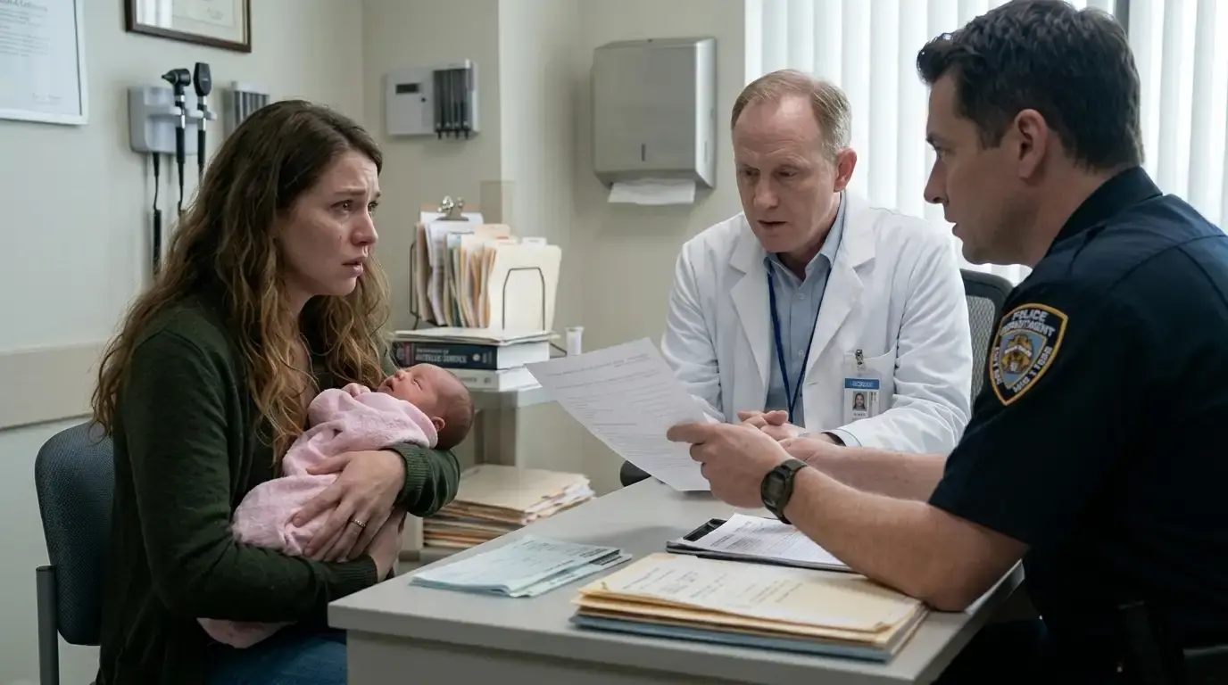 Emily clutching her baby while looking at medical documents in the doctor's office
