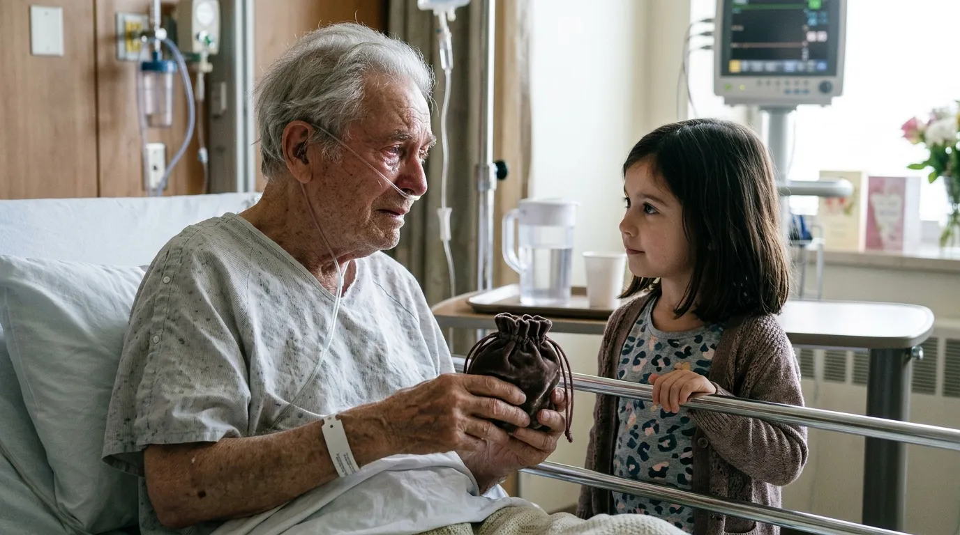 An elderly man in a hospital bed crying while holding a velvet pouch, talking to a woman