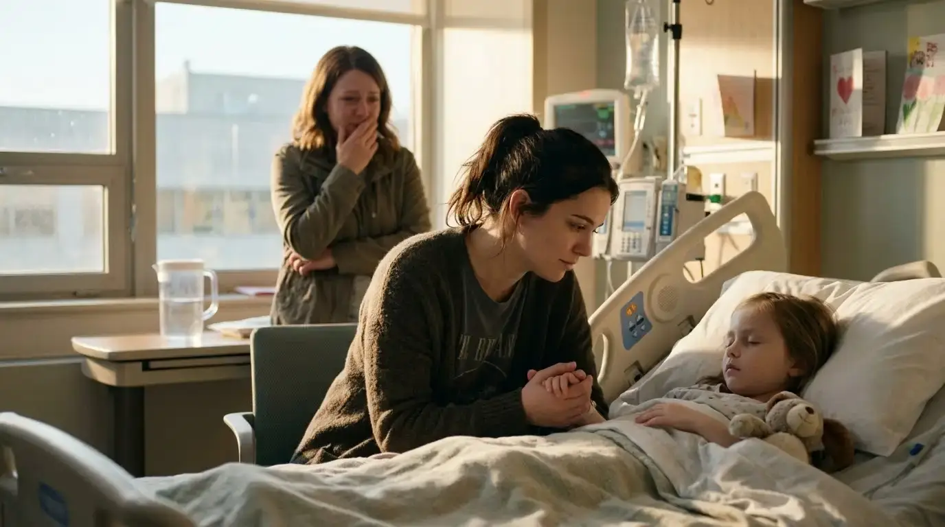 The biological daughter holding young Lily's hand in the hospital