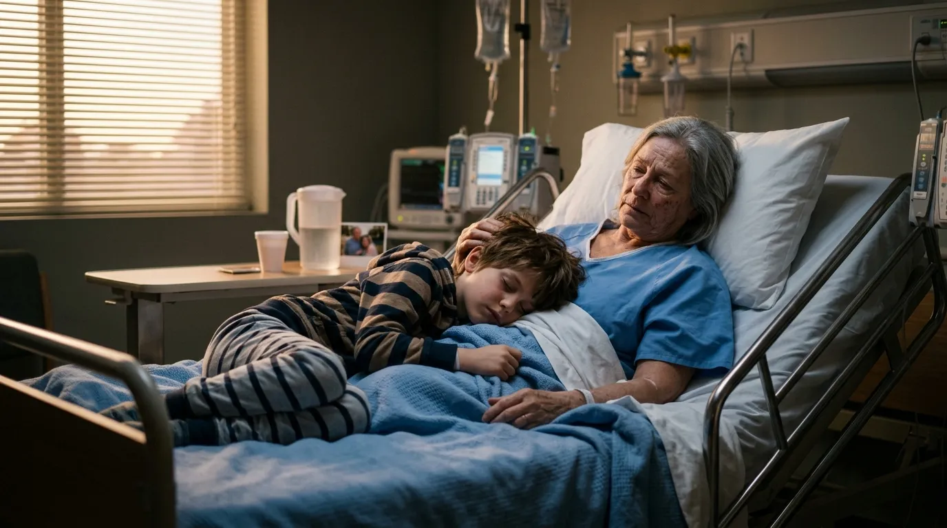 Grandmother waking up in a hospital bed with her grandson sleeping beside her
