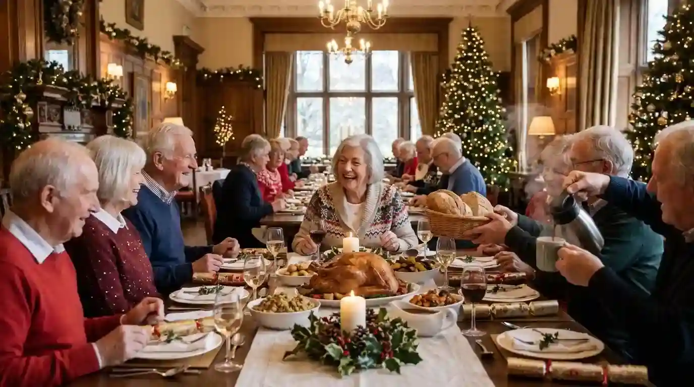 A shared holiday banquet table at a coastal hotel filled with warm food and friends