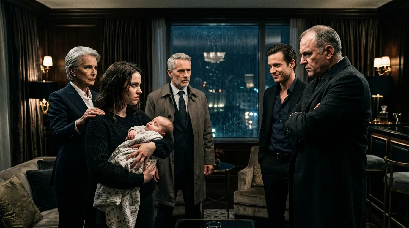 A dramatic standoff in a dimly lit luxury hotel suite