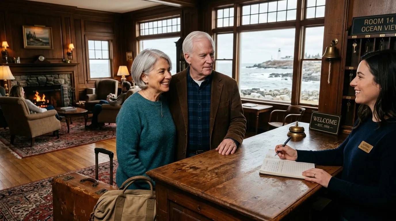 Older couple checking in at a vintage Maine hotel lobby