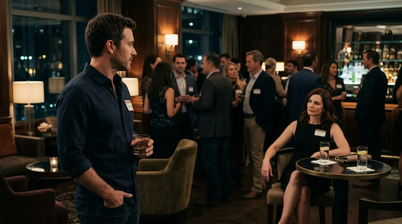 A handsome man in a navy shirt looking across a crowded hotel lounge singles mixer.