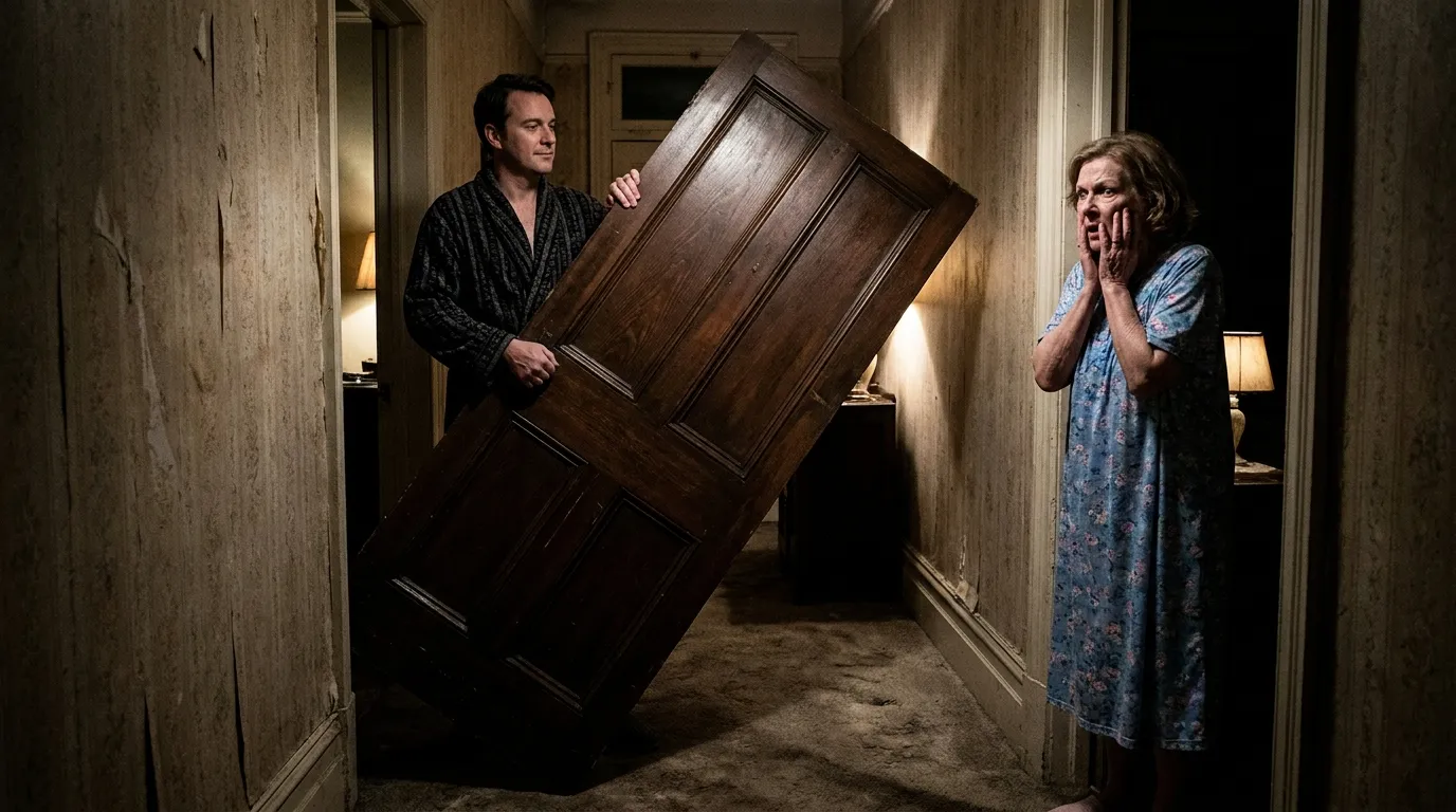 Calm husband holding a heavy wooden door while his mother looks on in shock