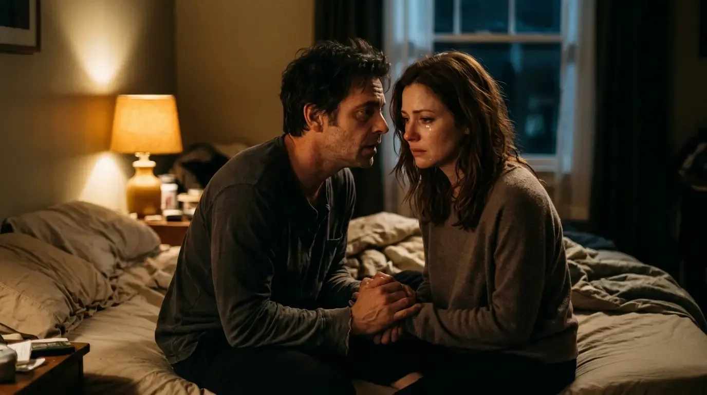 Husband holding wife's hands in a dimly lit bedroom making her repeat a phrase