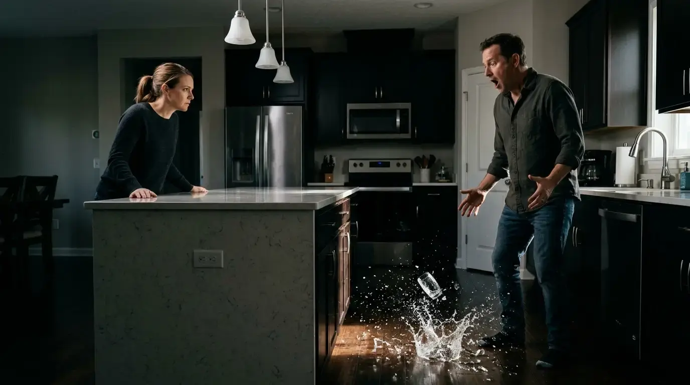 Husband dropping a glass of water on the kitchen floor in shock and panic