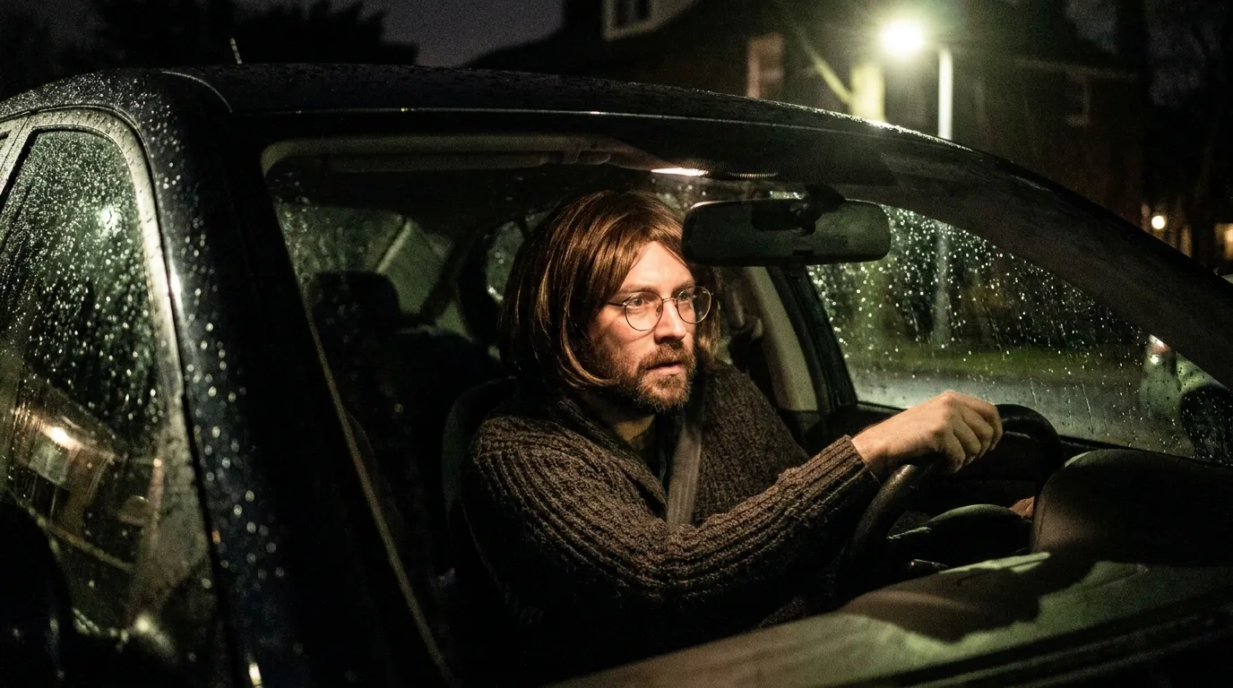 A man wearing a women's cardigan, wig, and glasses looking in a car mirror