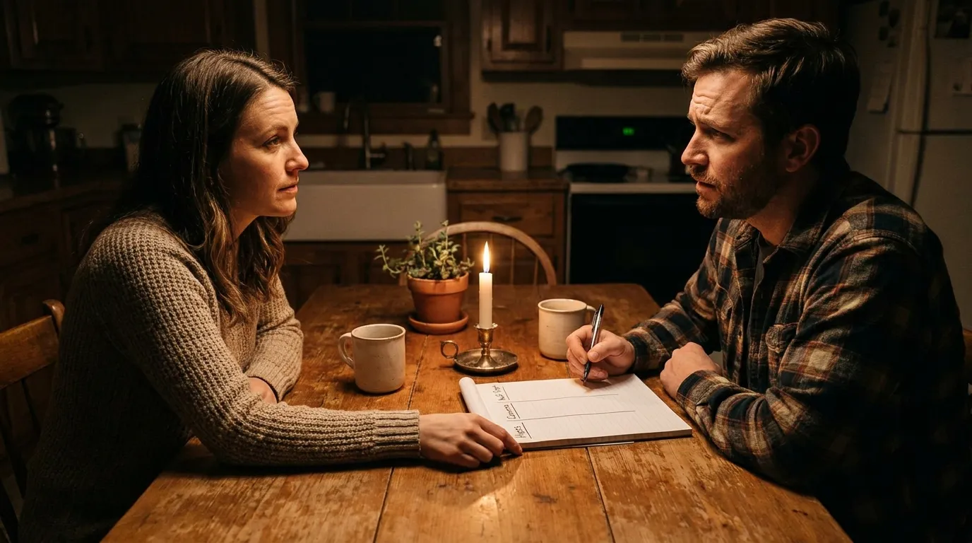 Husband and wife making a decision list together at the kitchen table