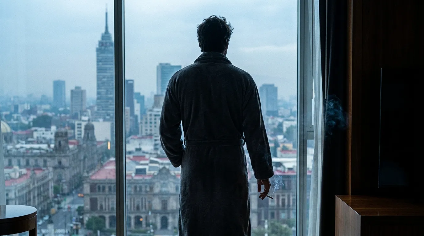 A tall man in a dark robe looking out of a hotel window at the Mexico City skyline