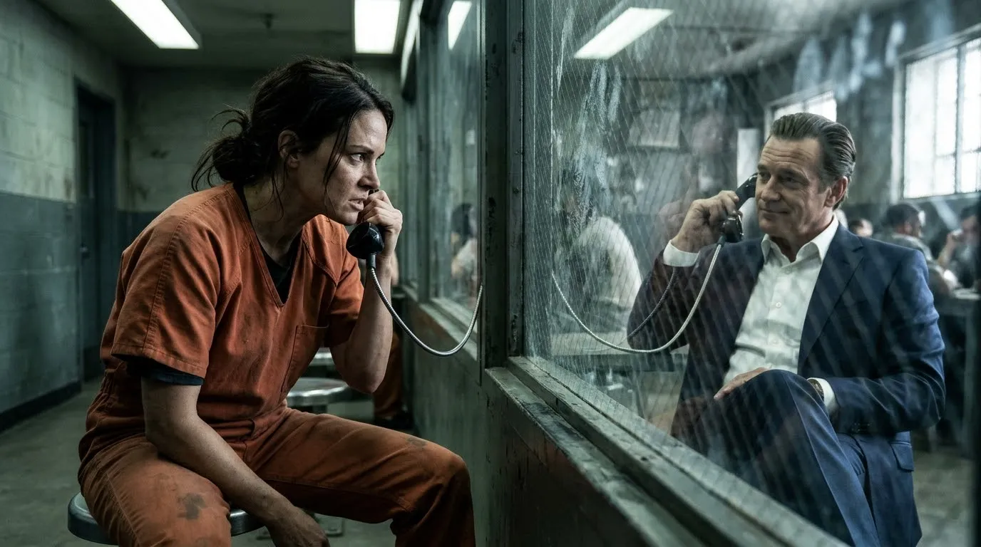 Woman sitting in a cold, dimly lit police interrogation room