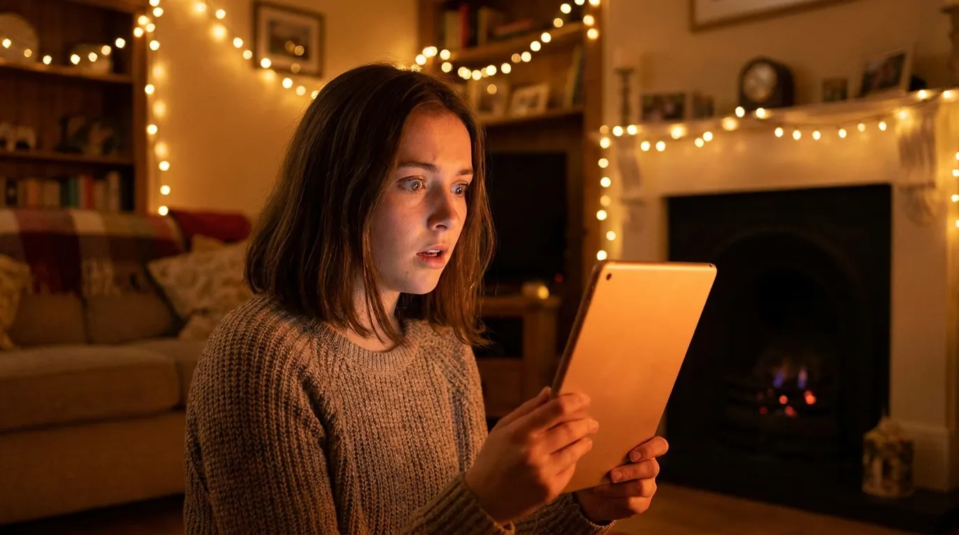 Young woman looking shocked at a tablet screen in a cozy living room