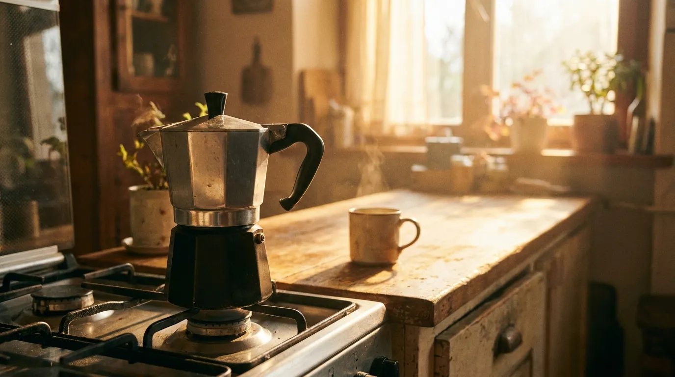 Classic silver and black Italian moka pot brewing on a stove