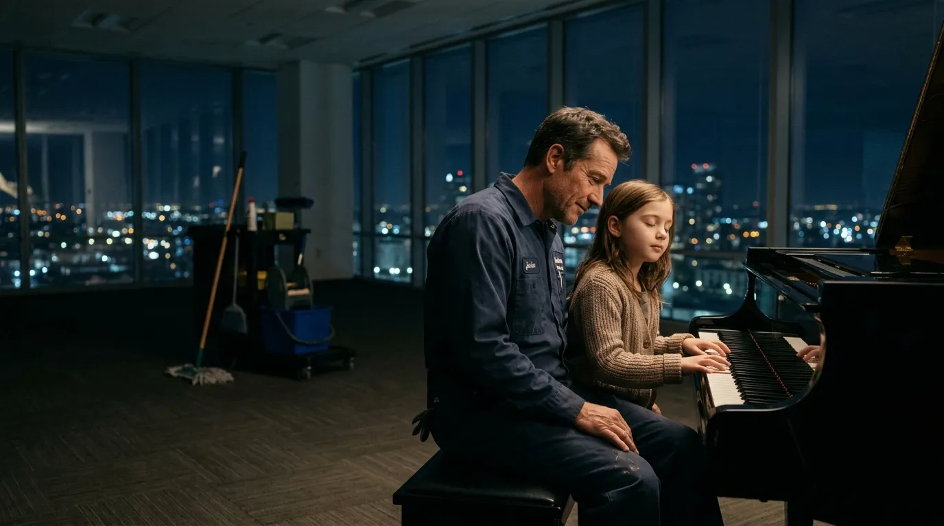 A janitor sitting next to a young blind girl at a grand piano in an empty corporate building.