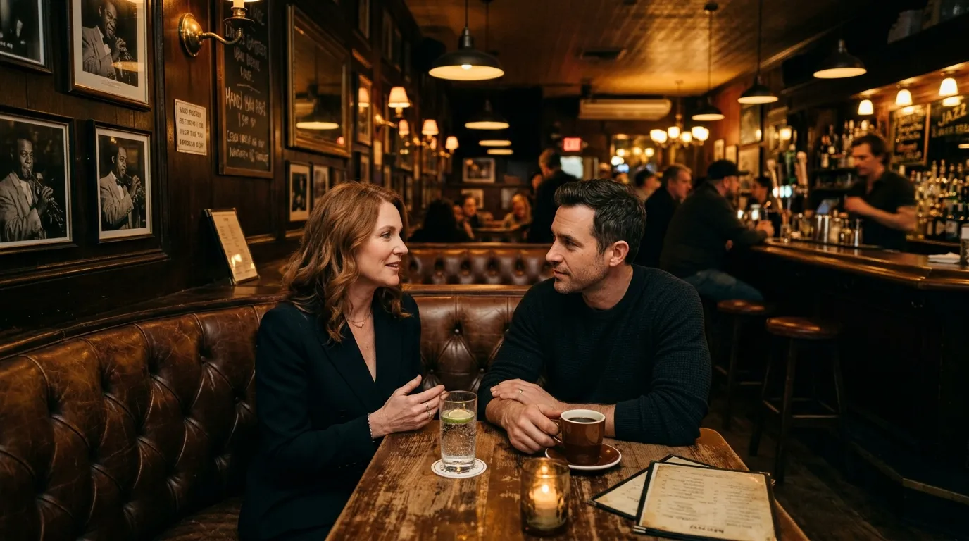 A man and older woman sitting in a dark jazz bar having a deep conversation.