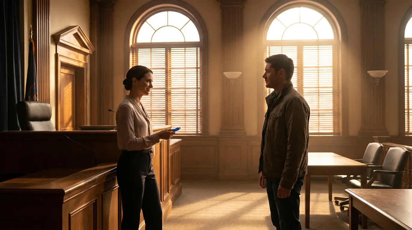 A judge without her robe smiling warmly at a man holding a small blue USB drive in an empty, sunlit courtroom.
