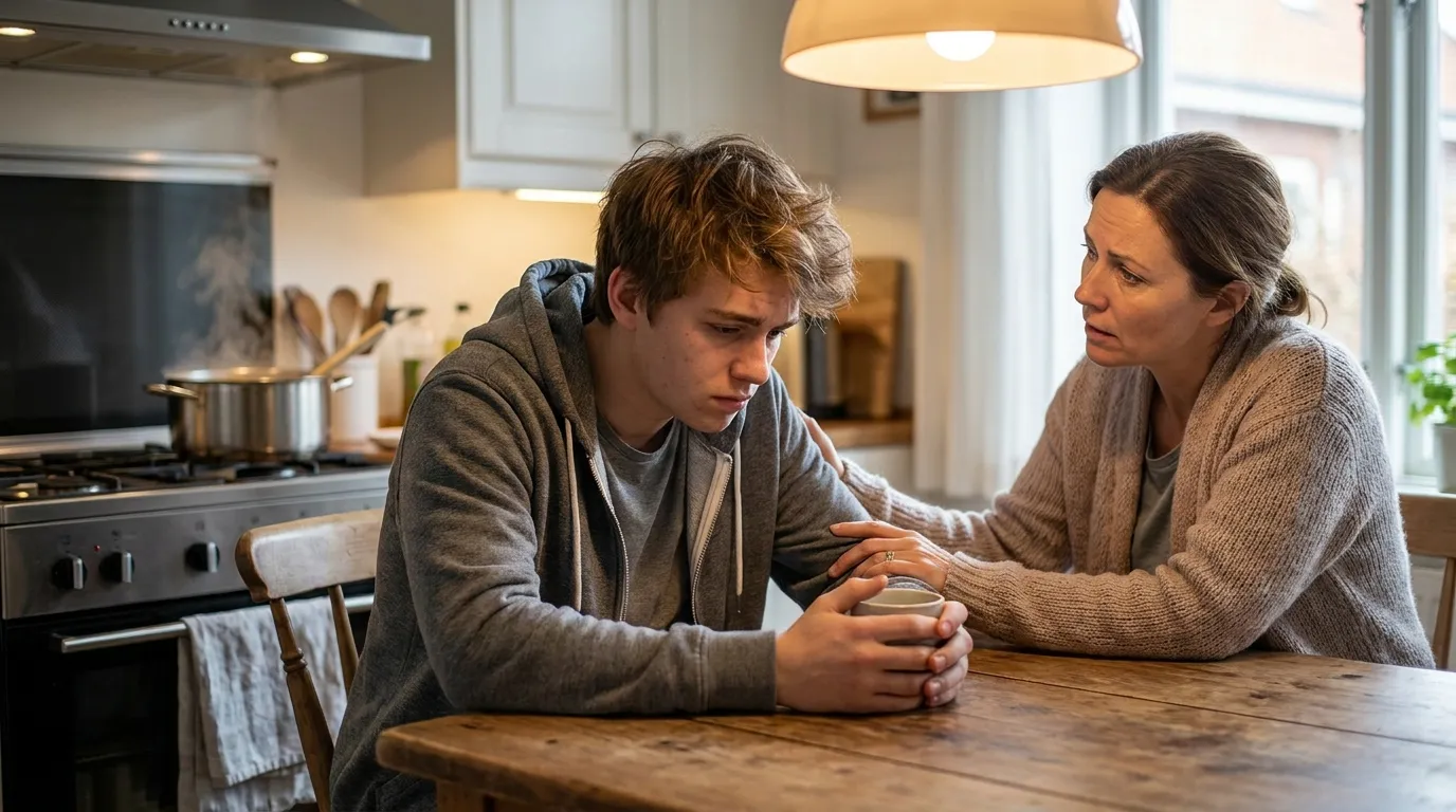 An anxious 18-year-old boy sitting in a kitchen talking to his mother