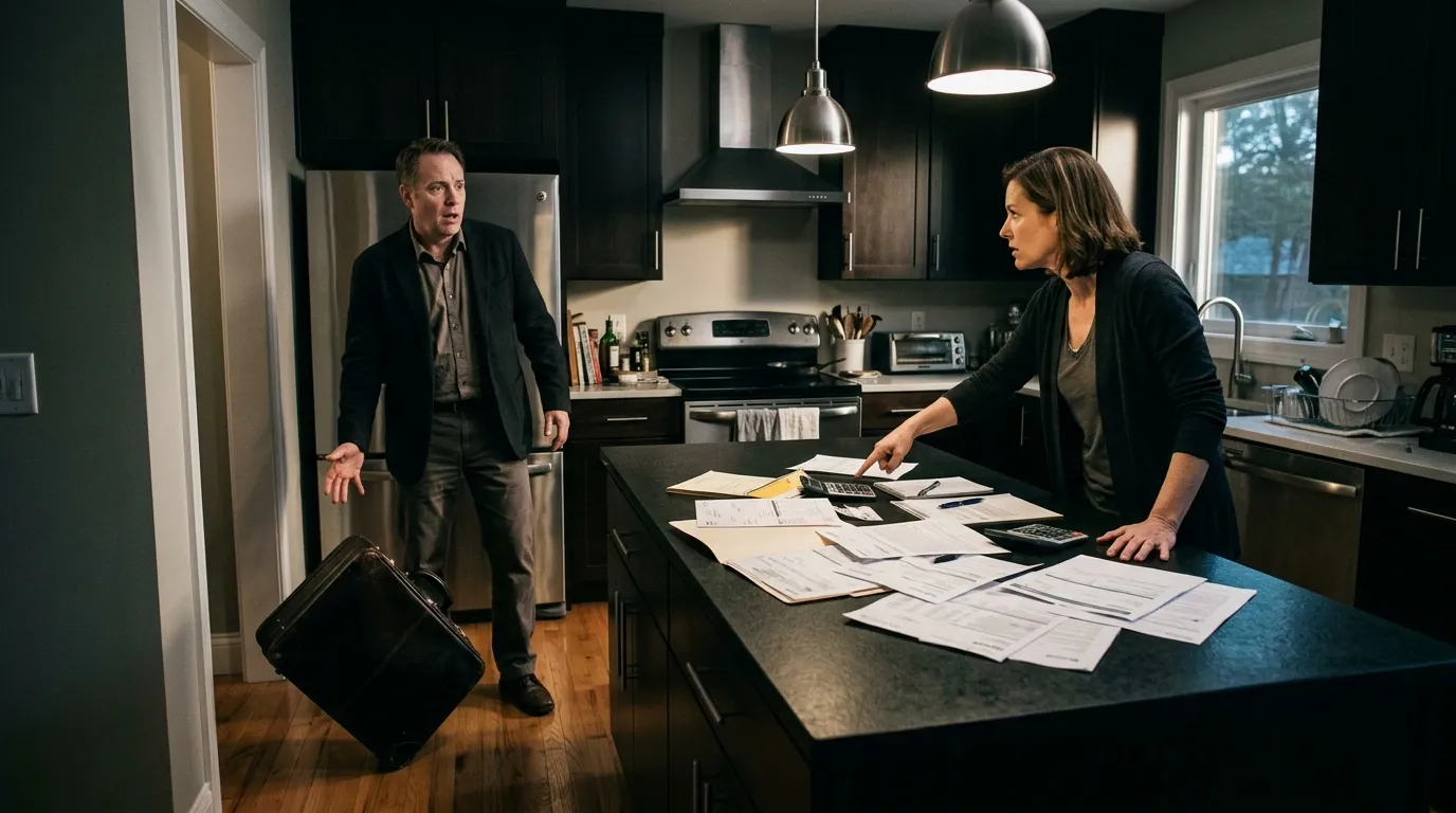 A man dropping his suitcase in shock as a woman points at documents on a kitchen island