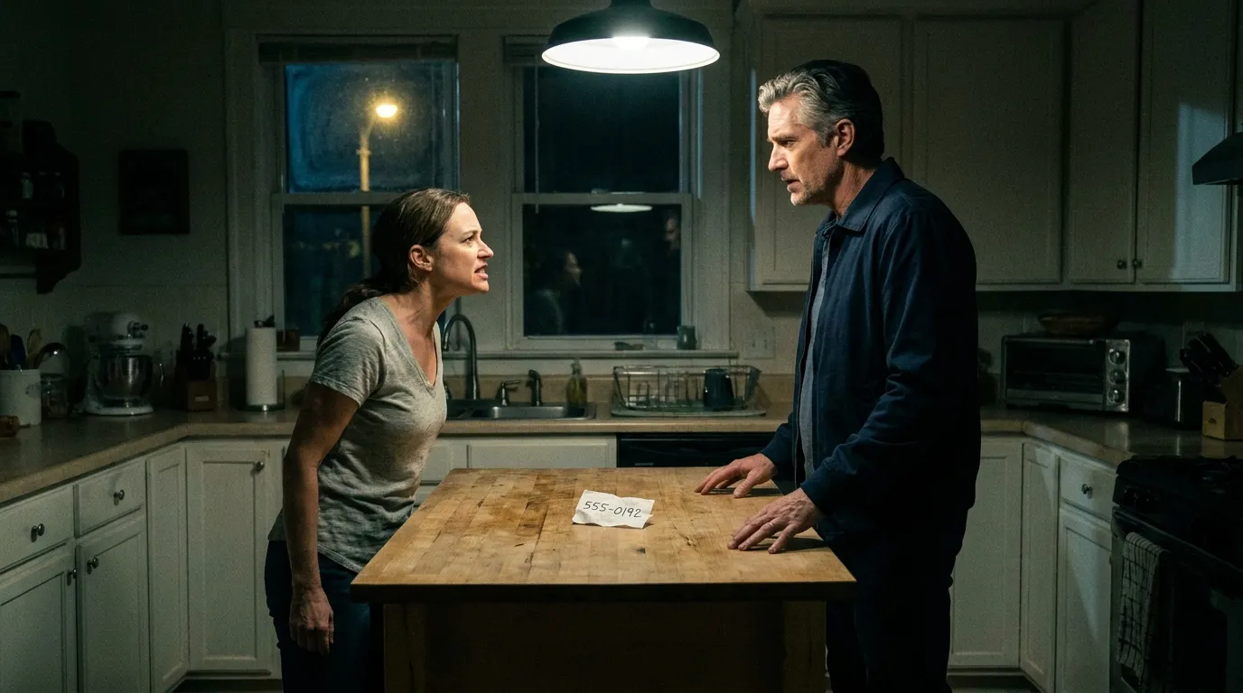 Tense late night confrontation between a husband and wife in a kitchen