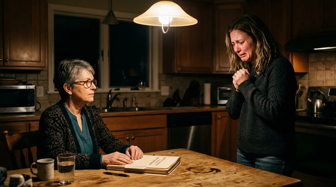 A tense confrontation between a grandmother and her daughter at a kitchen table
