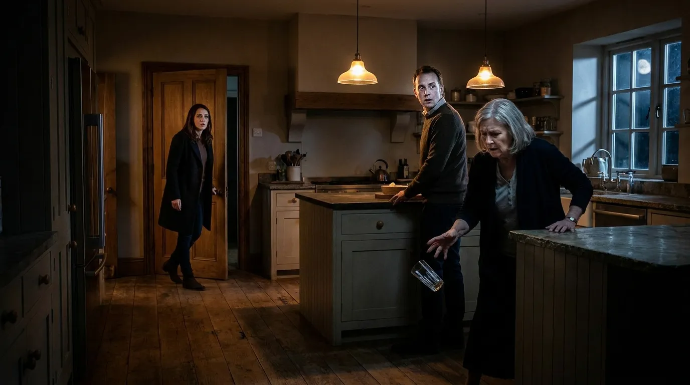 A woman standing frozen in a dark kitchen doorway, looking shocked as a man and older woman turn to face her in panic.