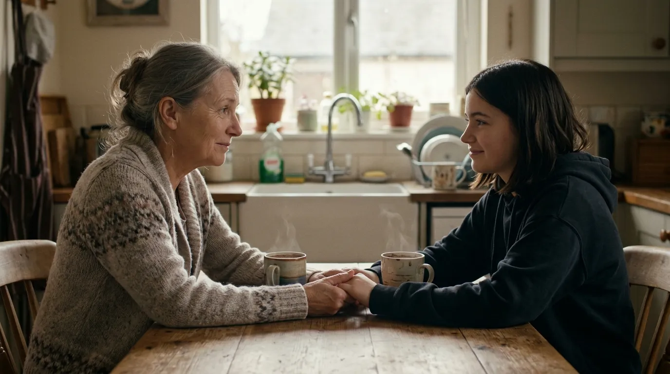 Grandmother and teenage granddaughter holding hands across a kitchen table