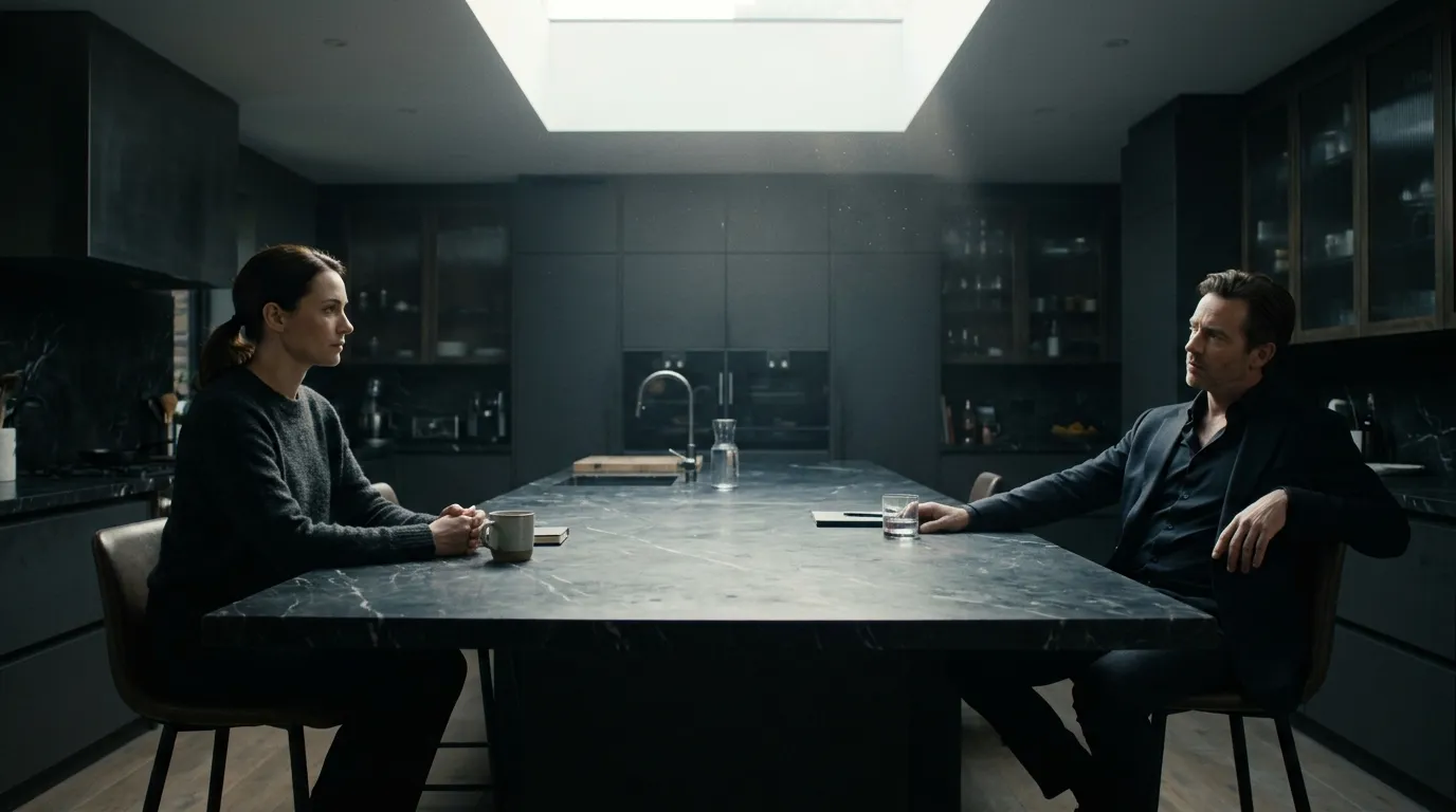 Husband and wife sitting tensely across from each other at a kitchen island