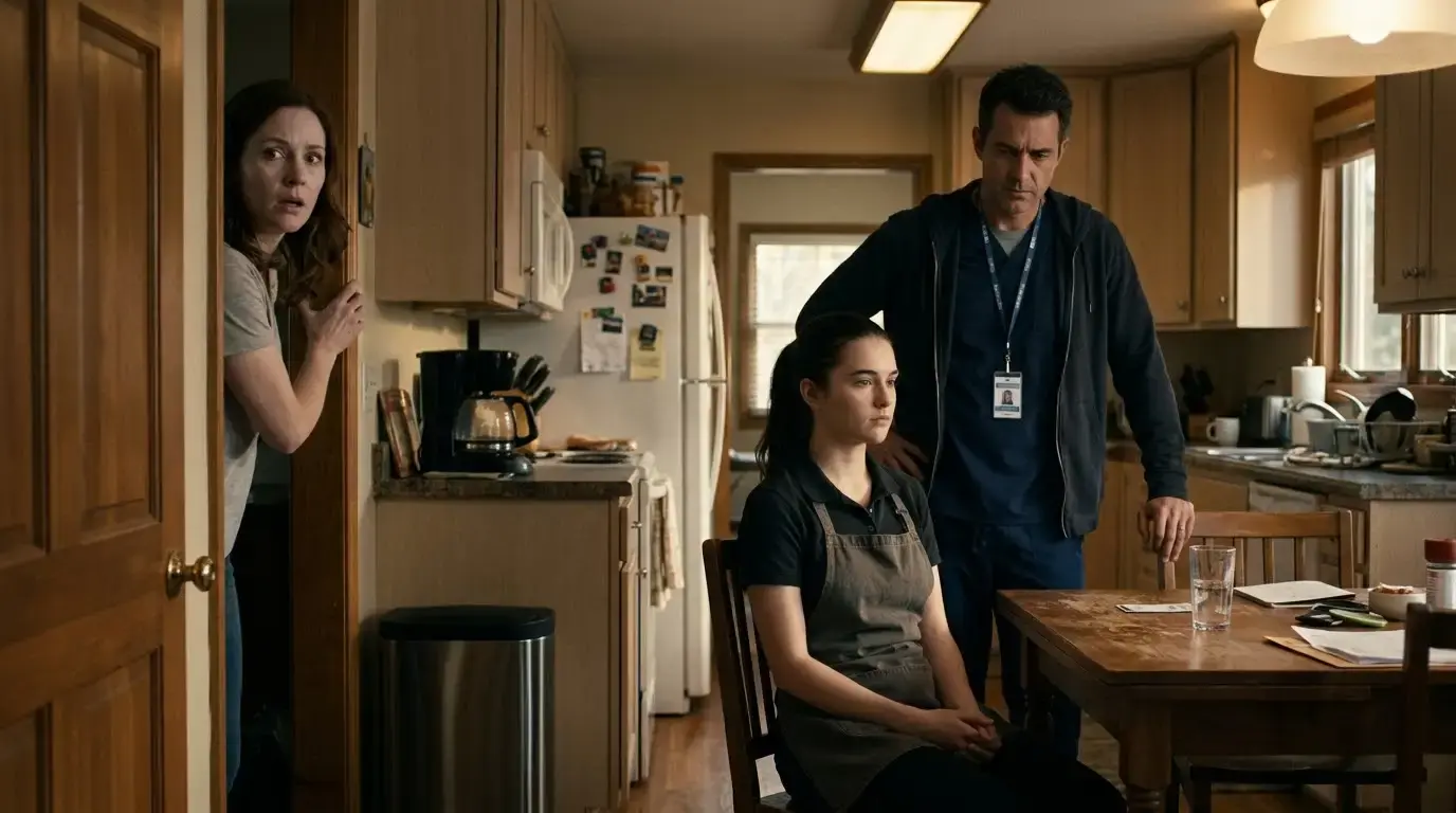 The mother walking into the kitchen to see her daughter and disappointed husband