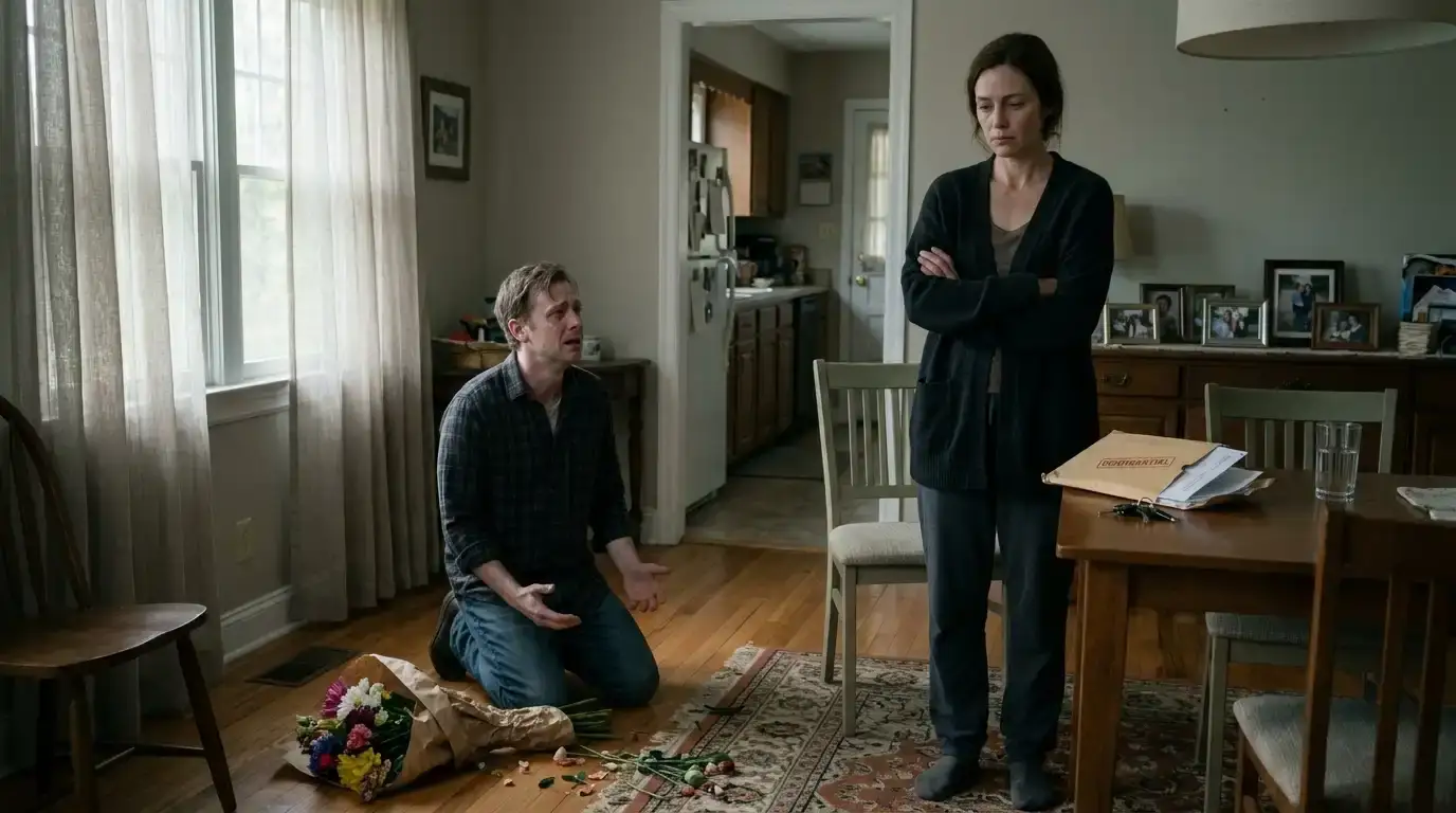 Michael staring at the open medical envelope on the table as flowers fall to the floor