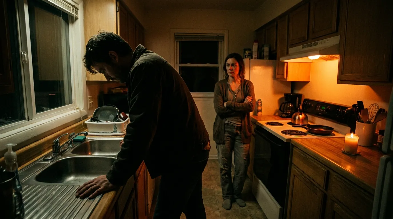 Tense husband and wife arguing in the kitchen at night