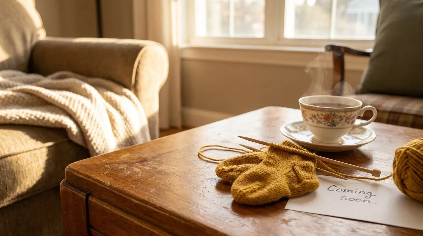 Half-knitted yellow baby socks on a wooden table next to a cup of tea